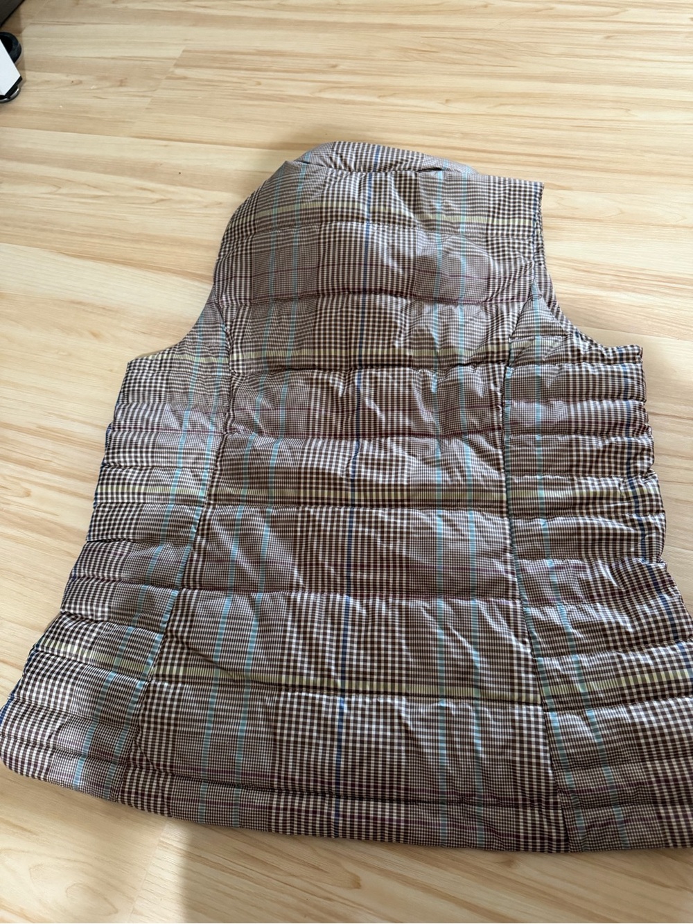 Lands' End Quilted Plaid Vest in Brown with Blue and Cream Stripes - Picture 3 of 3